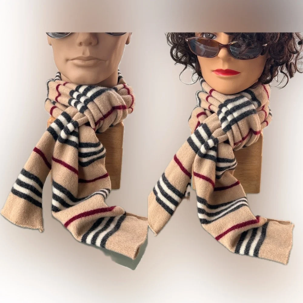 🐑Lambswool Nova Stripe Beige/Black/Maroon Rolled Edges Scarf | Burberry London